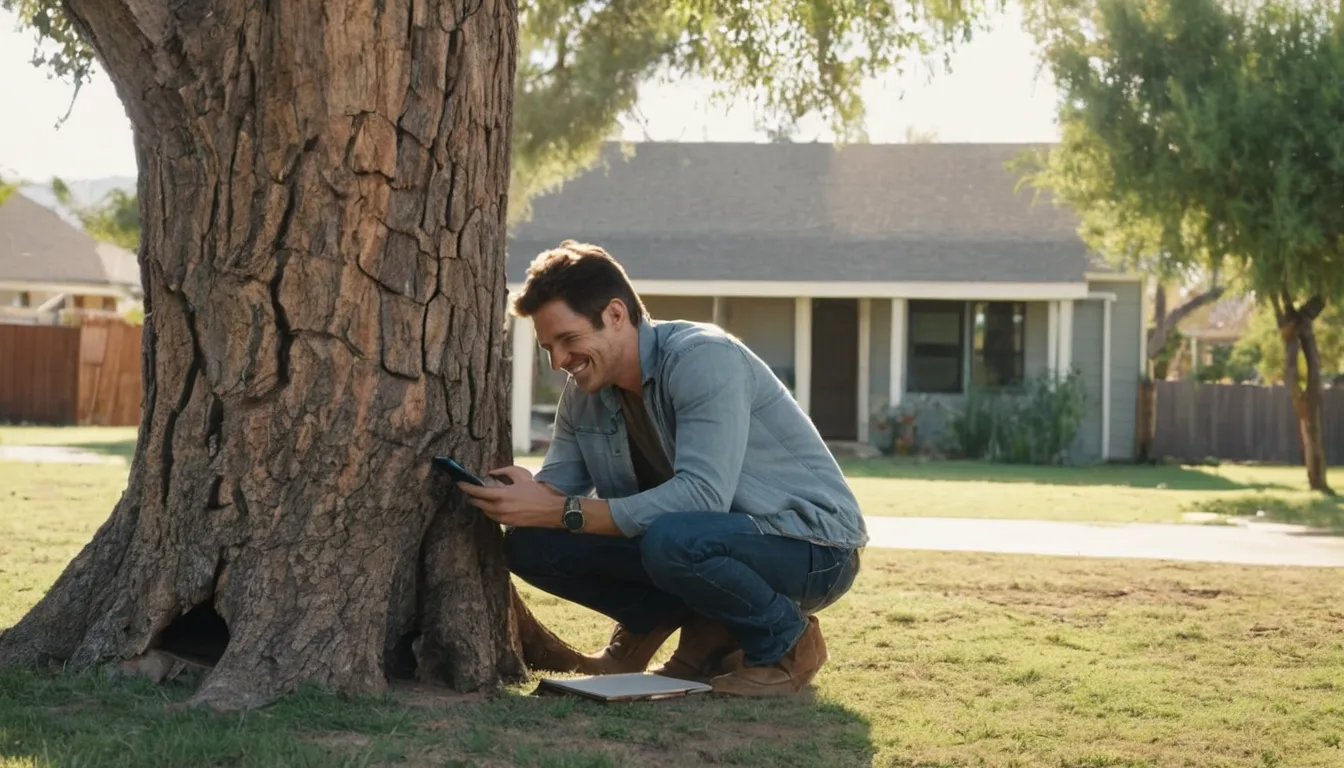 Homeowner photographing a cracked tree trunk to share with a provider in the Portage area