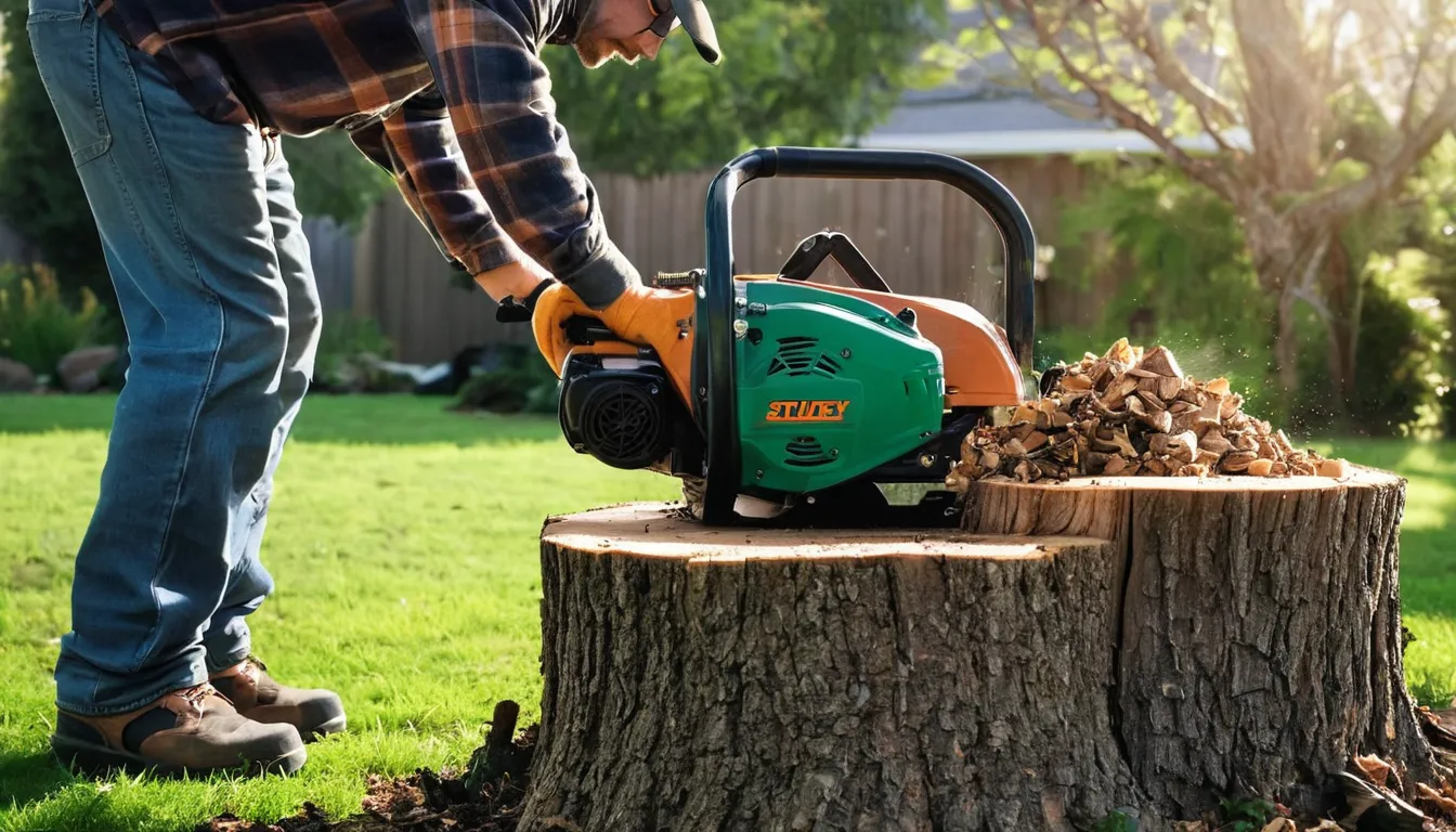 Stump grinder shaving down a tree stump in a backyard in Portage
